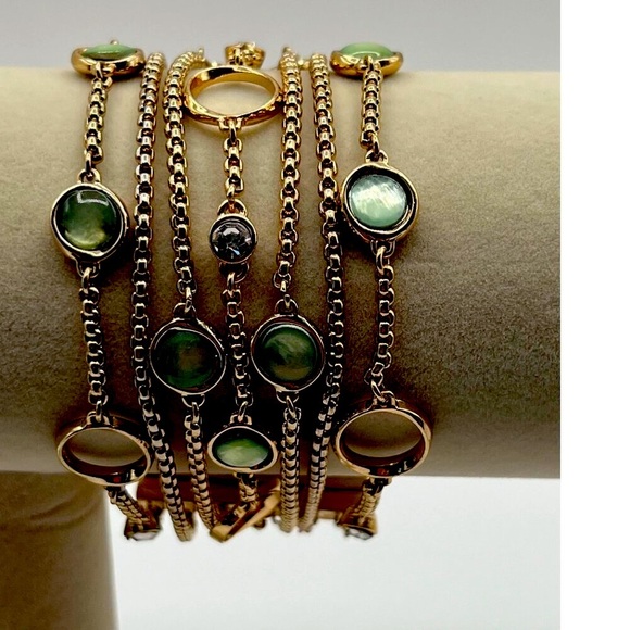 Gold & Green Multi-Strand Bracelet With Faux Gemstone Accents  B3 - Picture 1 of 4